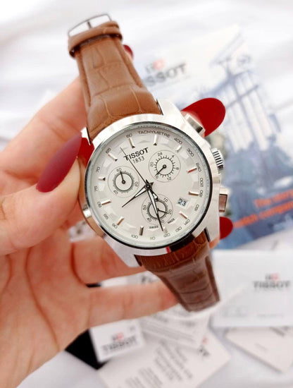 Tissot 1853 Chronograph Watch White Dial with Brown Leather Belt for Men