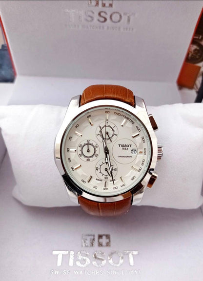 Tissot 1853 Chronograph Watch White Dial with Brown Leather Belt for Men